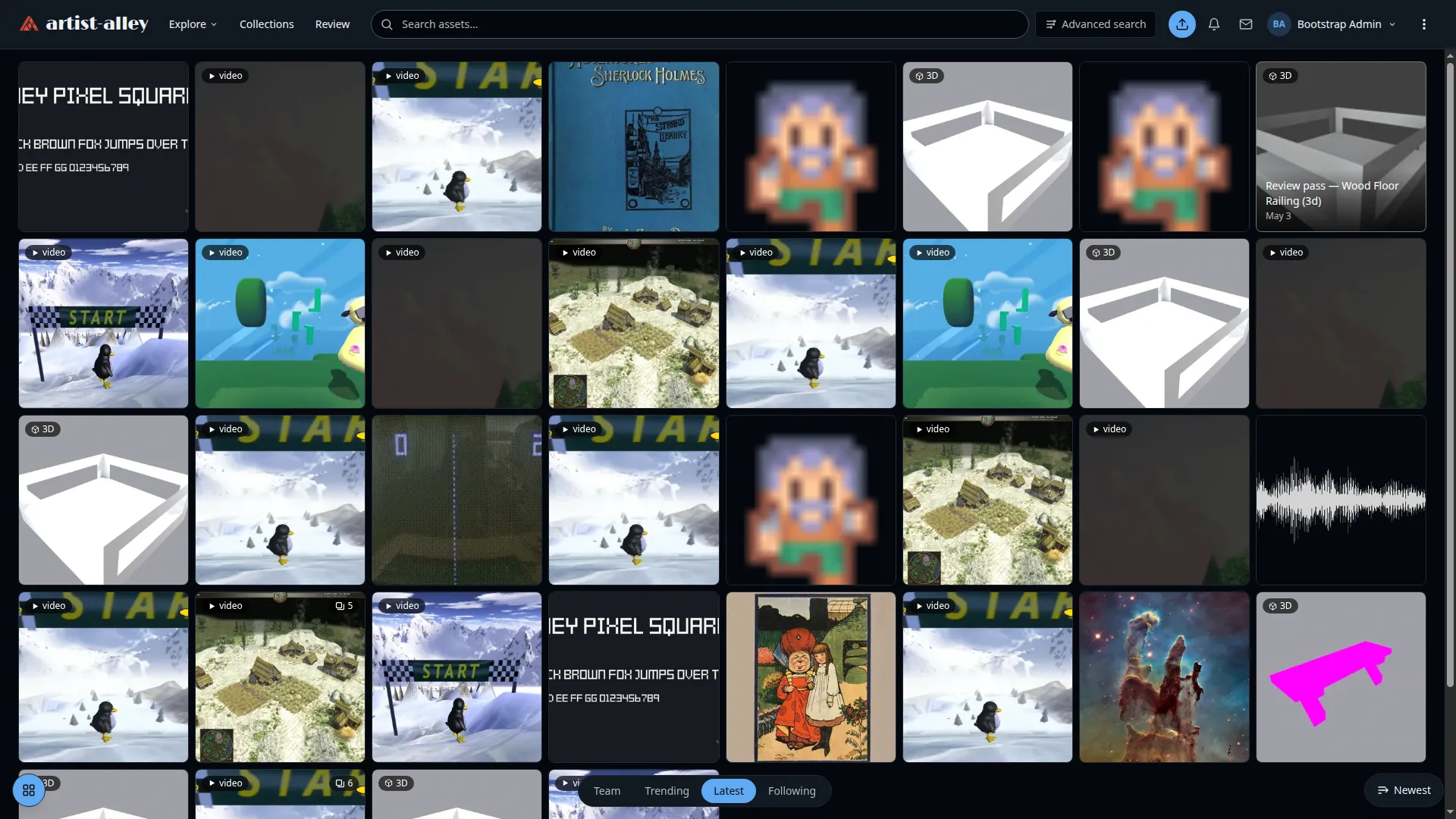 The Artist Alley browse feed in dark mode — a grid of asset thumbnails with tags, filters, and view controls.