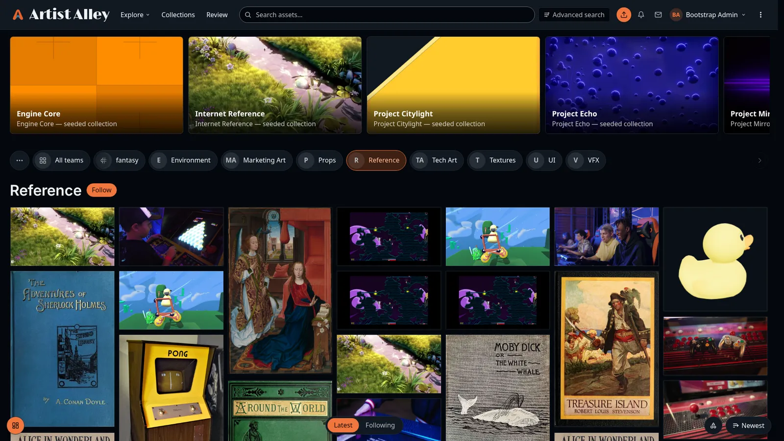 The Artist Alley browse feed in dark mode — a grid of asset thumbnails including images, 3D models, video, and sprite sheets.
