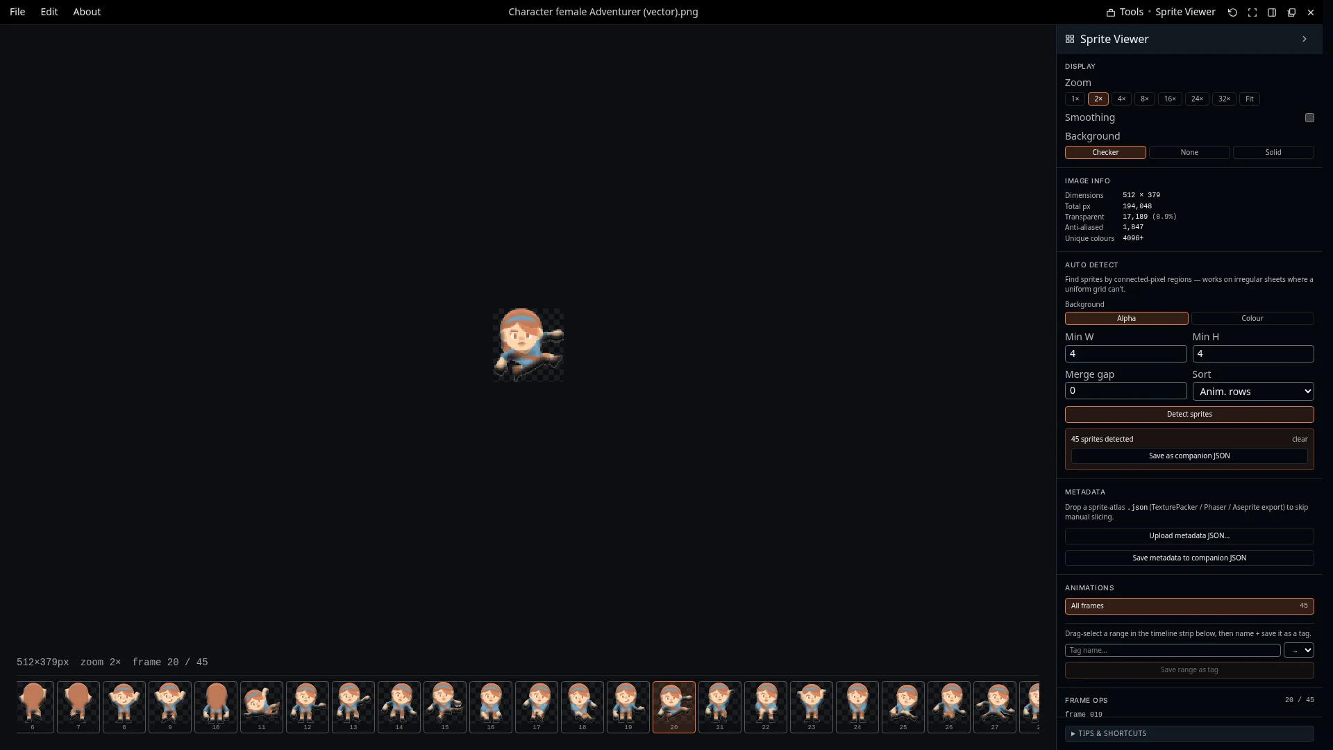 The Artist Alley sprite viewer automatically detecting 45 individual sprites on a sheet.