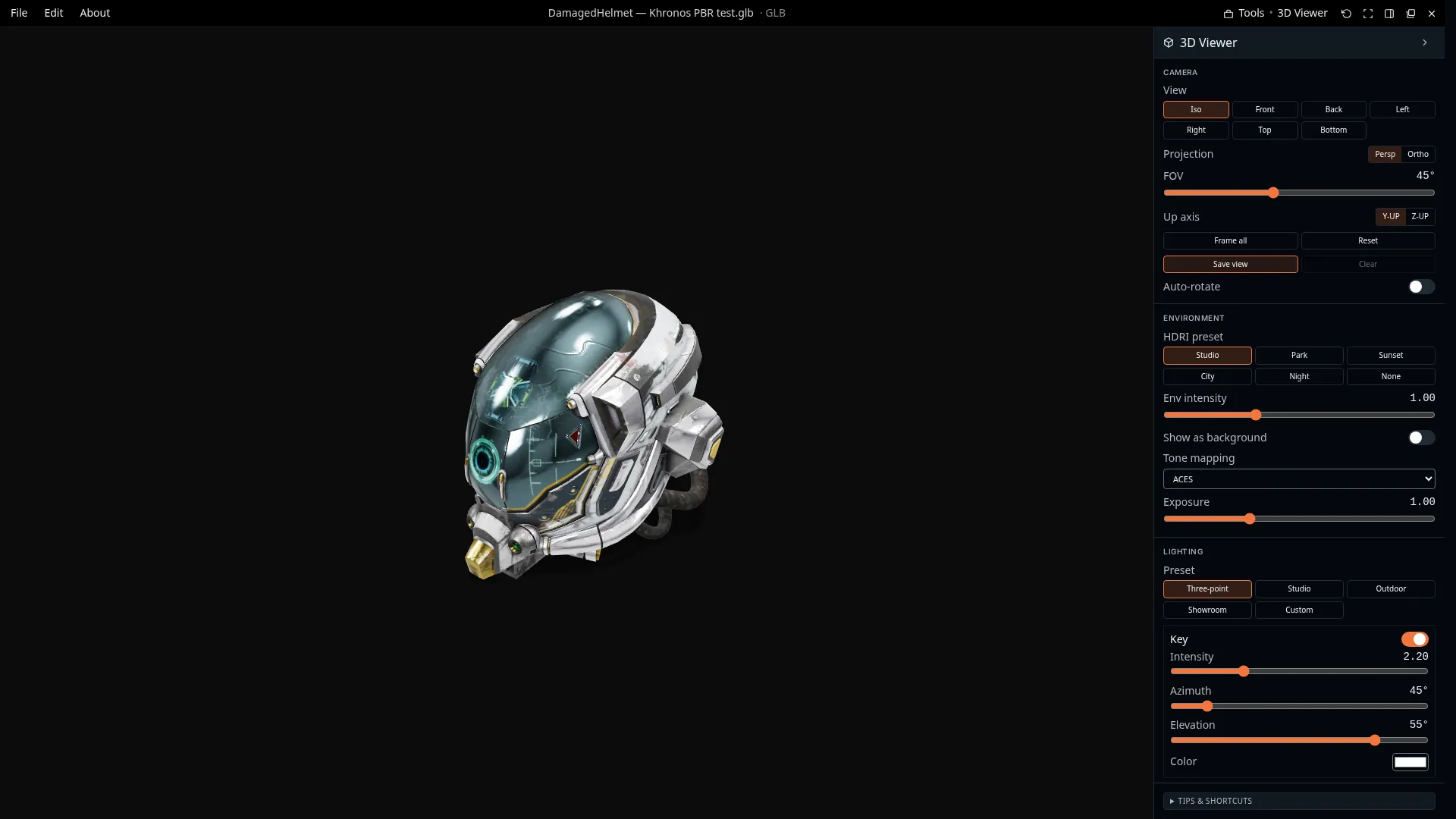 The Artist Alley 3D viewer rendering a textured model live in WebGL, with camera, HDRI environment, and three-point lighting controls.