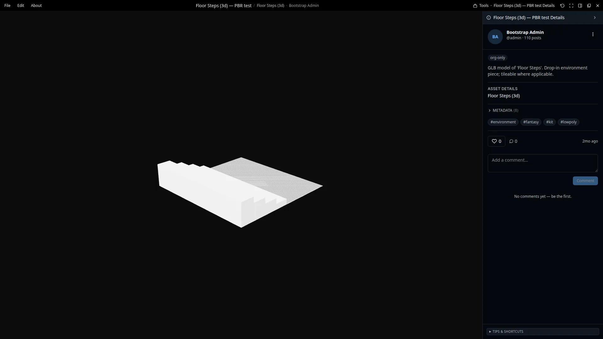 The Artist Alley 3D viewer rendering a model live in WebGL, with camera and playback controls.