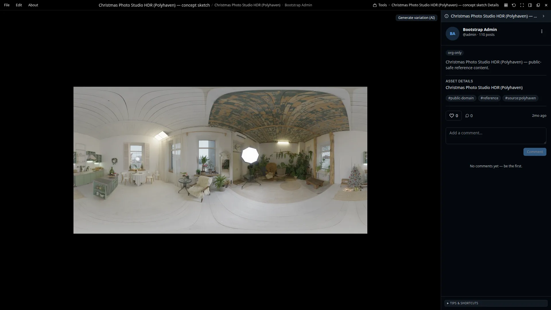 The Artist Alley image viewer showing an HDR image, with the AI-variation button in the toolbar.